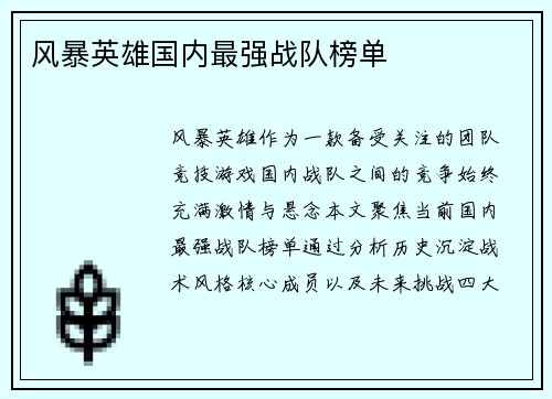 风暴英雄国内最强战队榜单