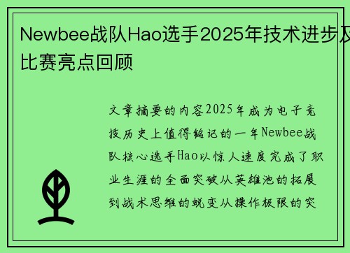 Newbee战队Hao选手2025年技术进步及比赛亮点回顾
